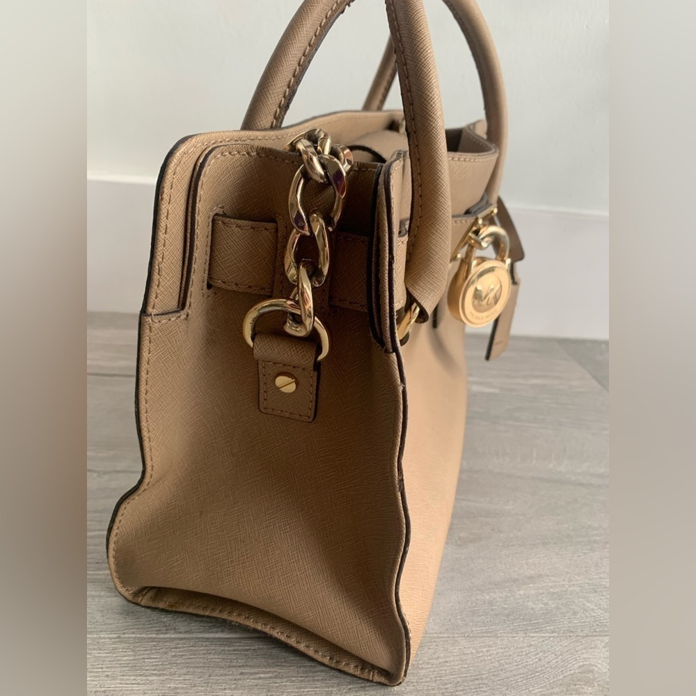 Michael Kors Hamilton Beige Saffiano Leather Satchel, Gold Chain Accent and Lock - Picture 12 of 15